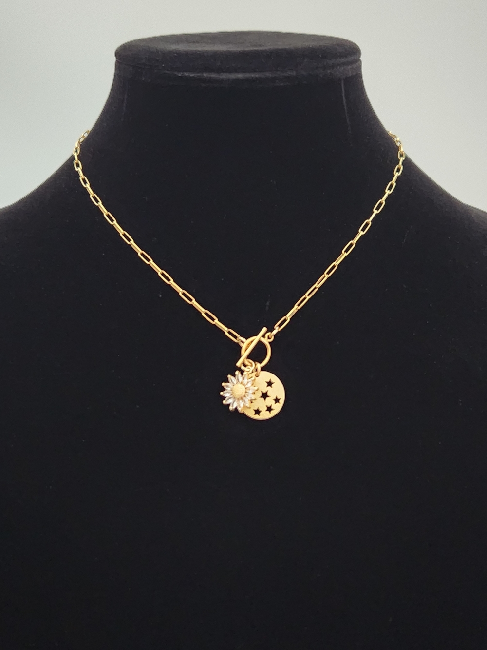 Meghan Bo Gold Tone Paper Clip Chain w/Gold Sun & Star Cut out Pendant Necklace